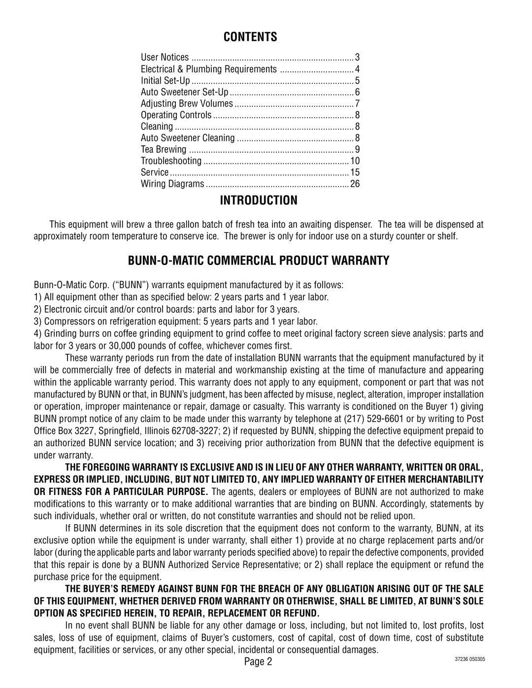 Bunn TB3Q-LP service manual Contents, Introduction, BUNN-O-MATIC Commercial Product Warranty 