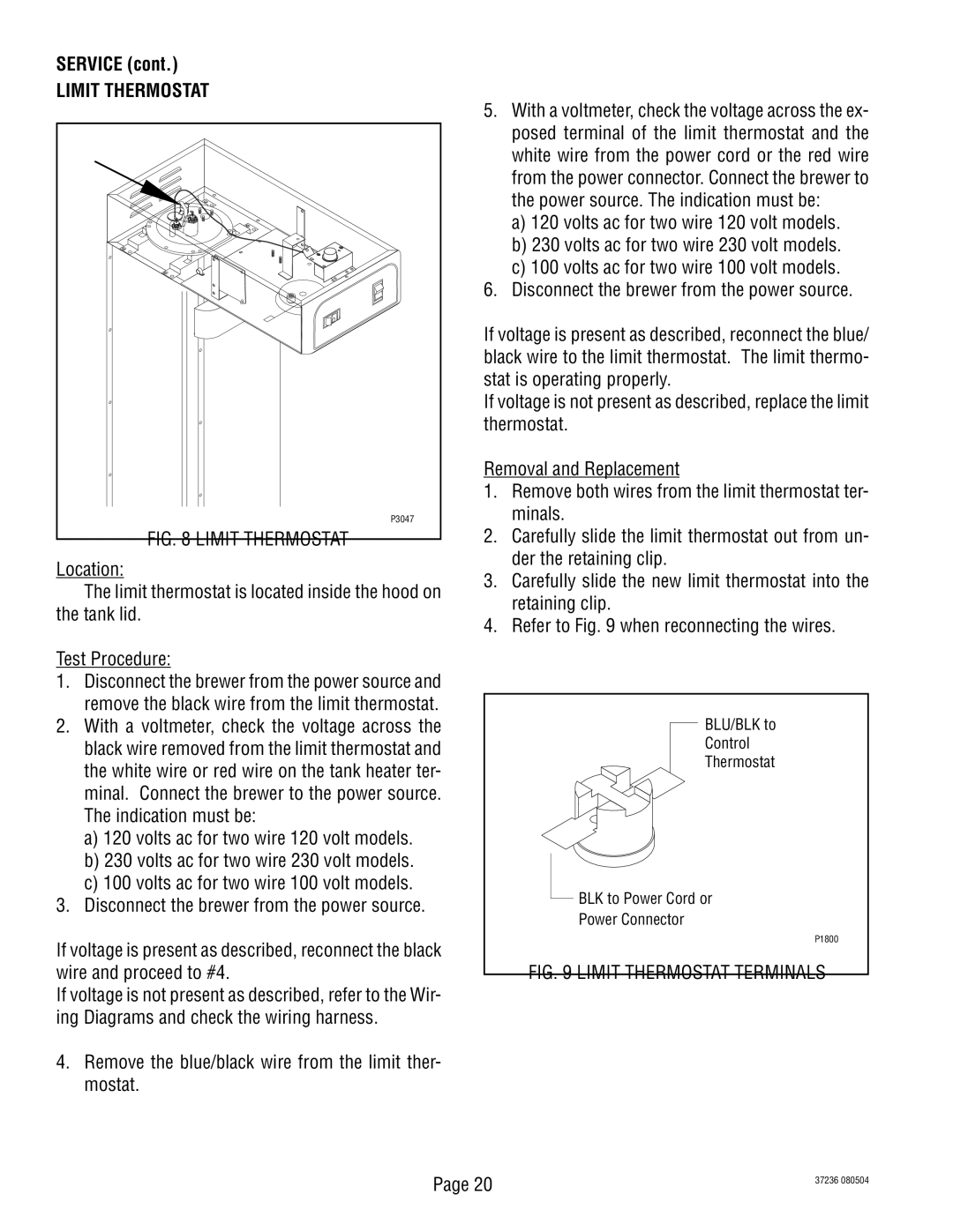 Bunn TB3Q-LP service manual Limit Thermostat, Remove the blue/black wire from the limit ther- mostat 