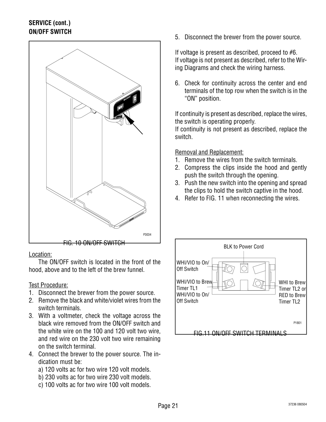 Bunn TB3Q-LP ON/OFF Switch, Refer to when reconnecting the wires Location, Switch terminals, On the switch terminal 