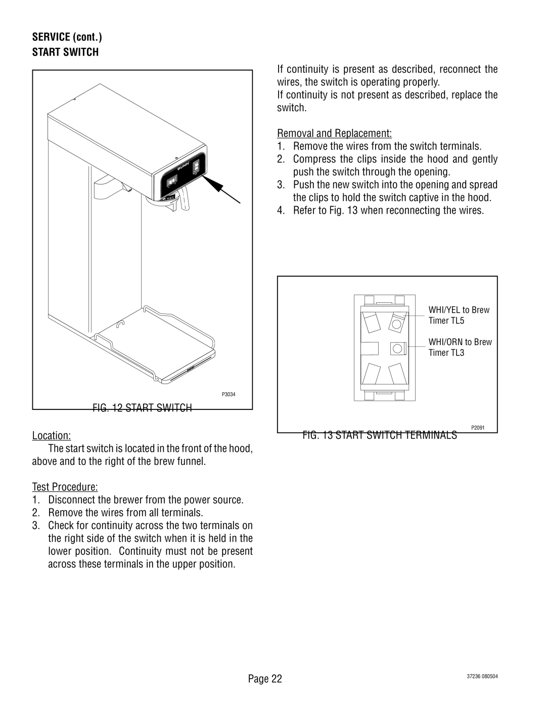 Bunn TB3Q-LP service manual Start Switch 