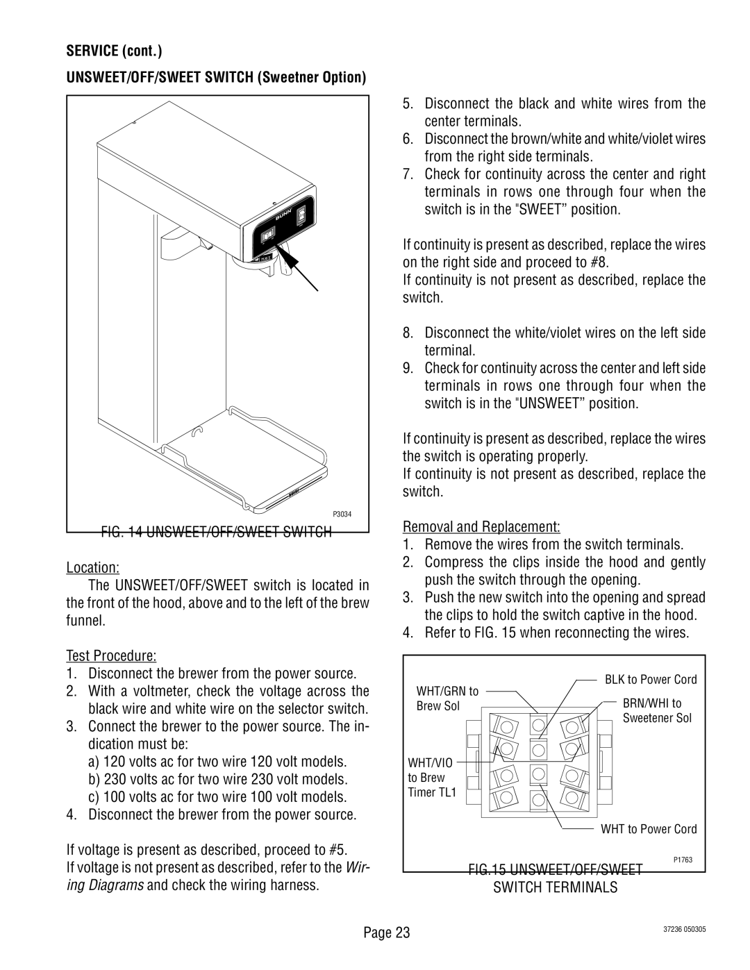 Bunn TB3Q-LP service manual UNSWEET/OFF/SWEET Switch Sweetner Option 