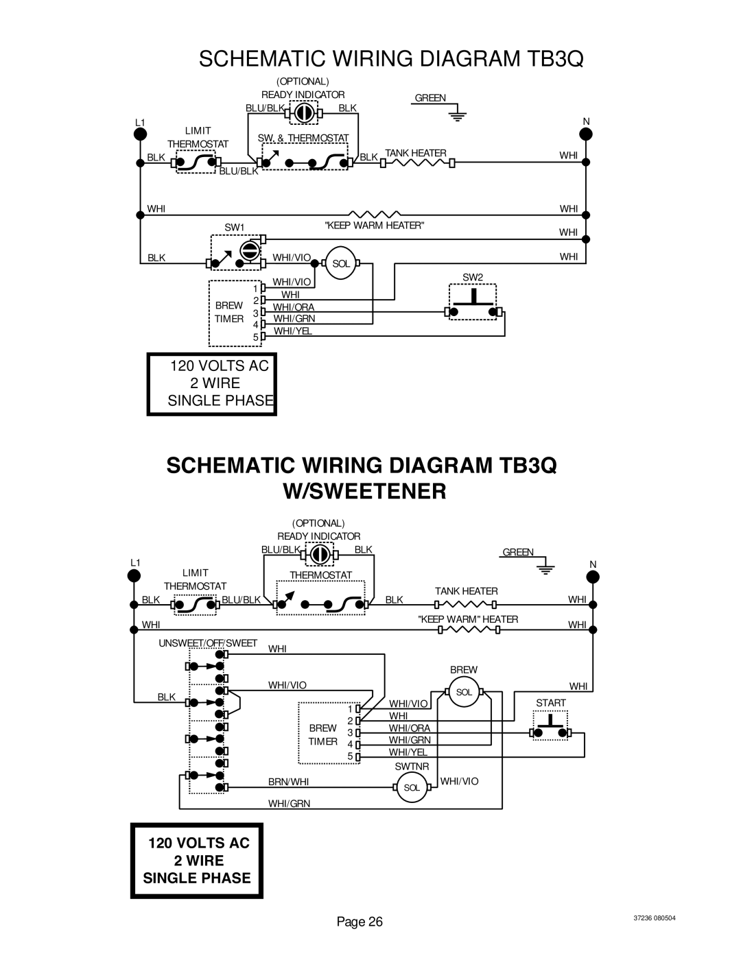 Bunn TB3Q-LP service manual Volts AC Wire Single Phase 