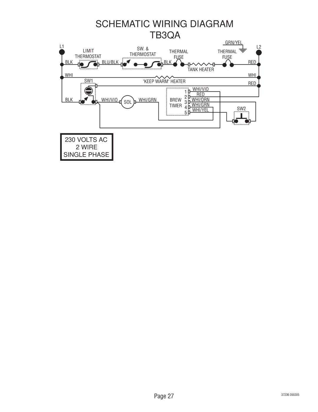 Bunn TB3Q-LP service manual Schematic Wiring Diagram TB3QA 