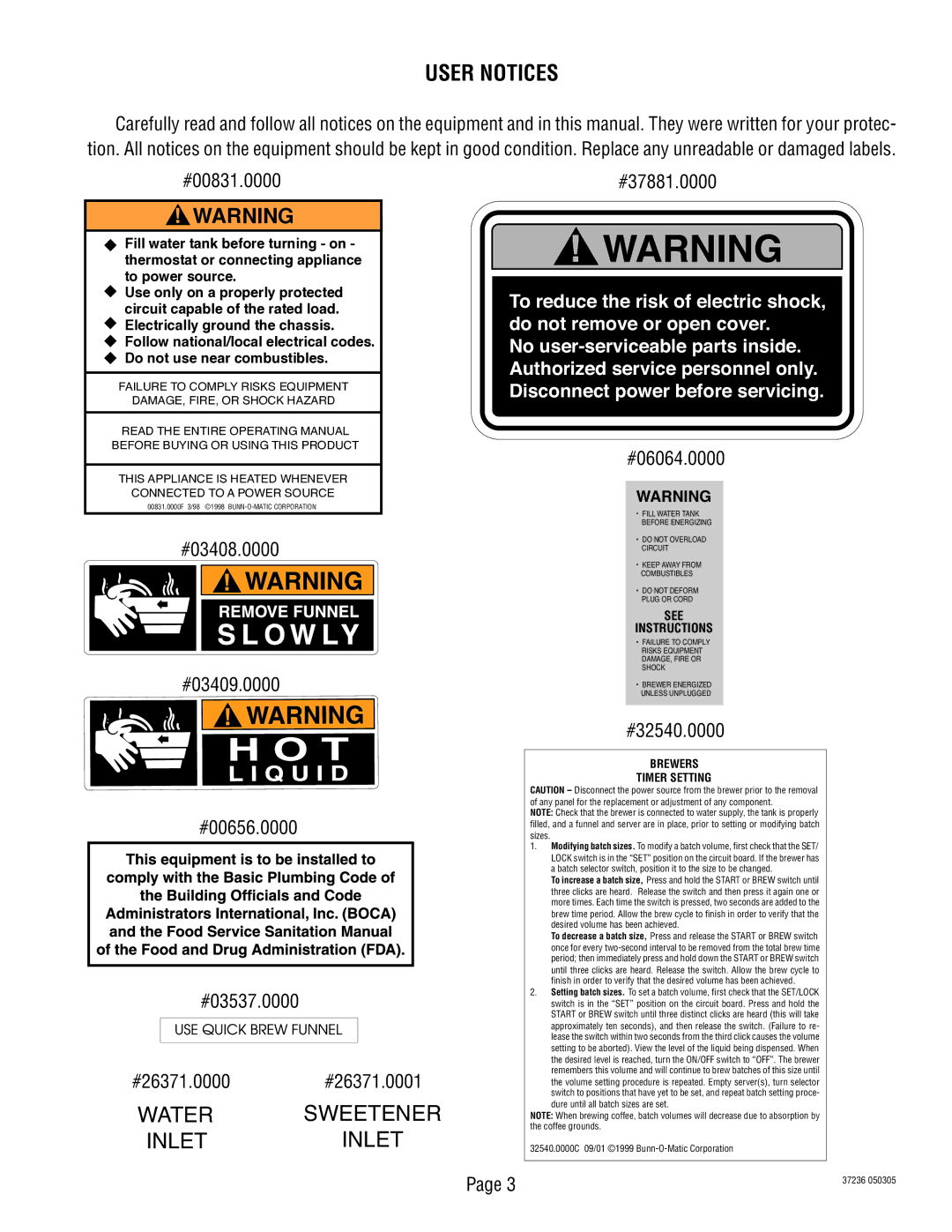 Bunn TB3Q-LP service manual User Notices, #37881.0000, #06064.0000, #32540.0000 