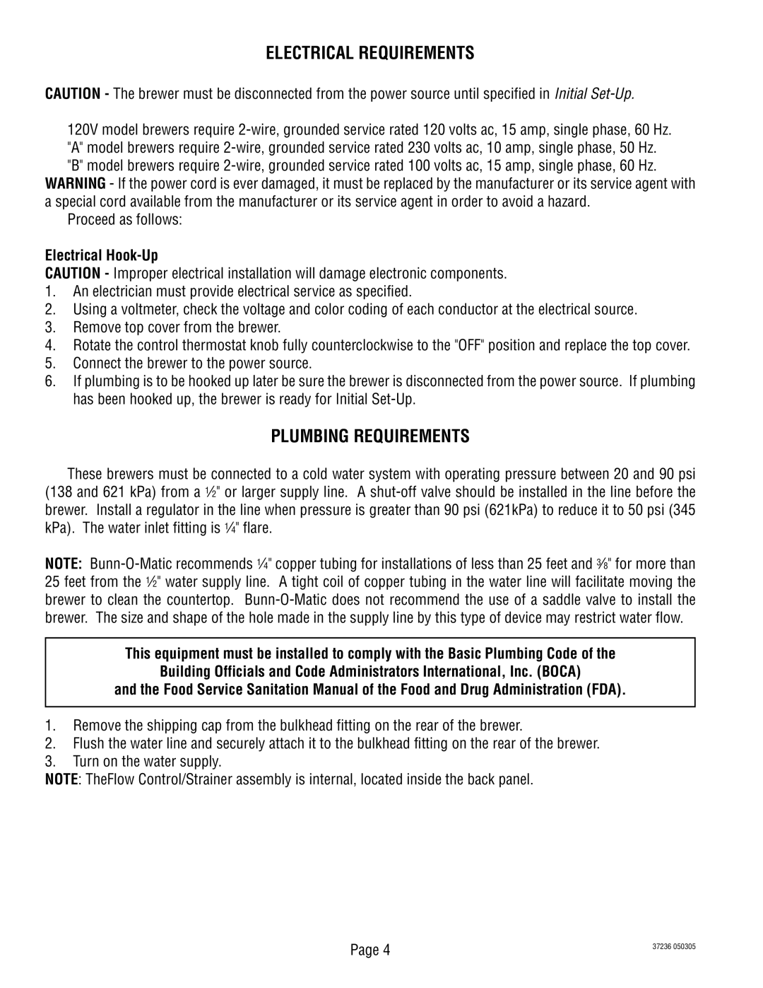 Bunn TB3Q-LP service manual Electrical Requirements, Plumbing Requirements, Proceed as follows, Electrical Hook-Up 