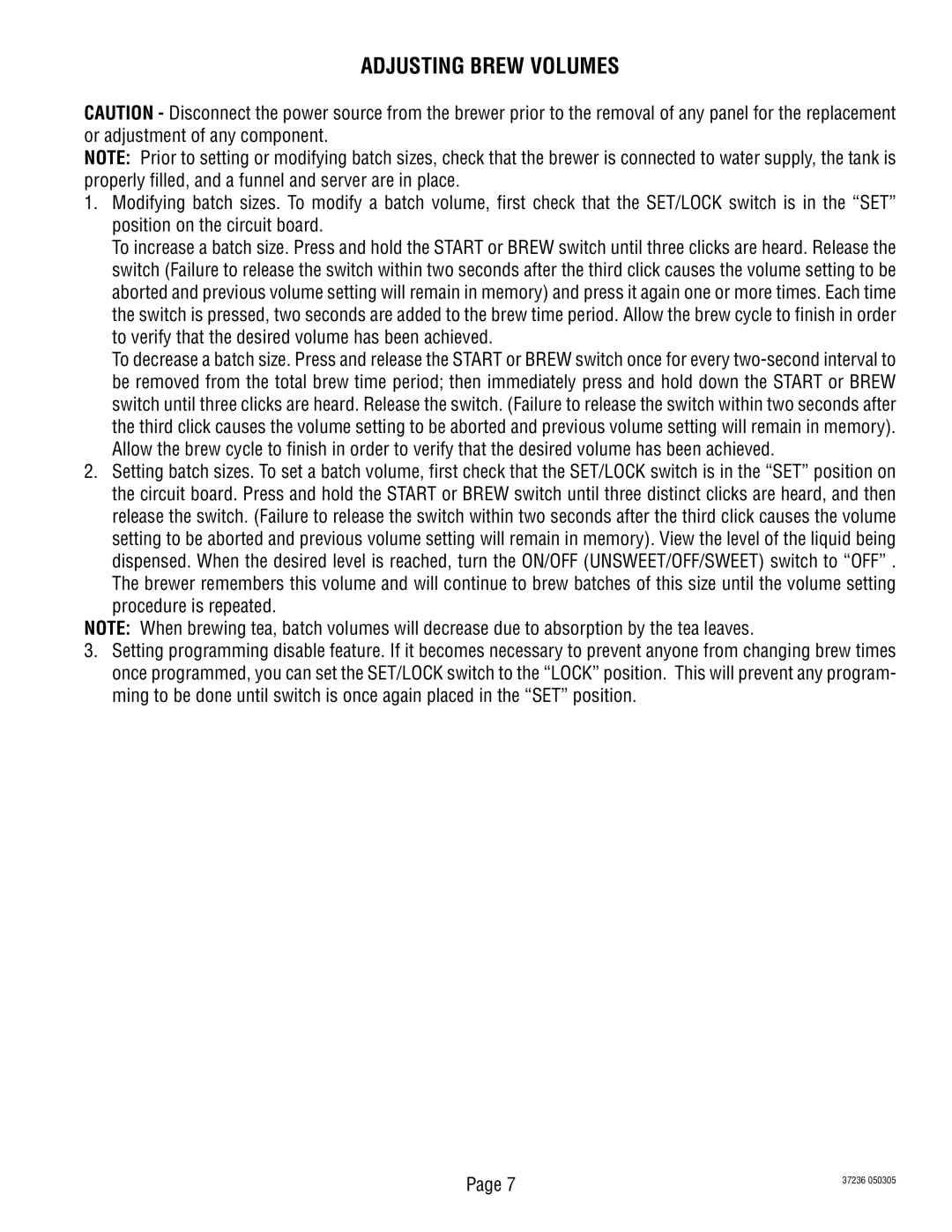 Bunn TB3Q-LP service manual Adjusting Brew Volumes 