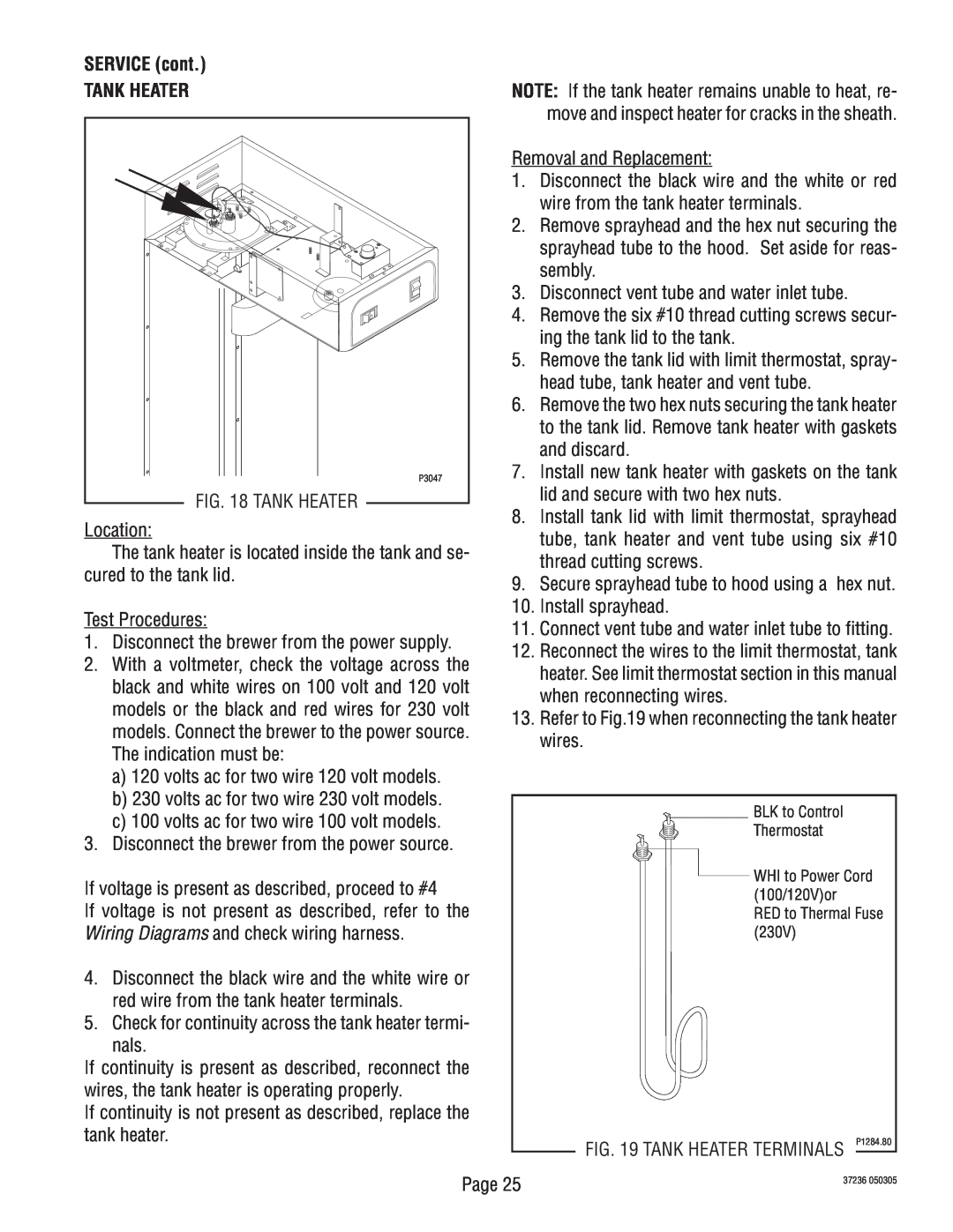 Bunn TB3Q-LP service manual Tank Heater, SERVICE cont, Disconnect the black wire and the white or red 