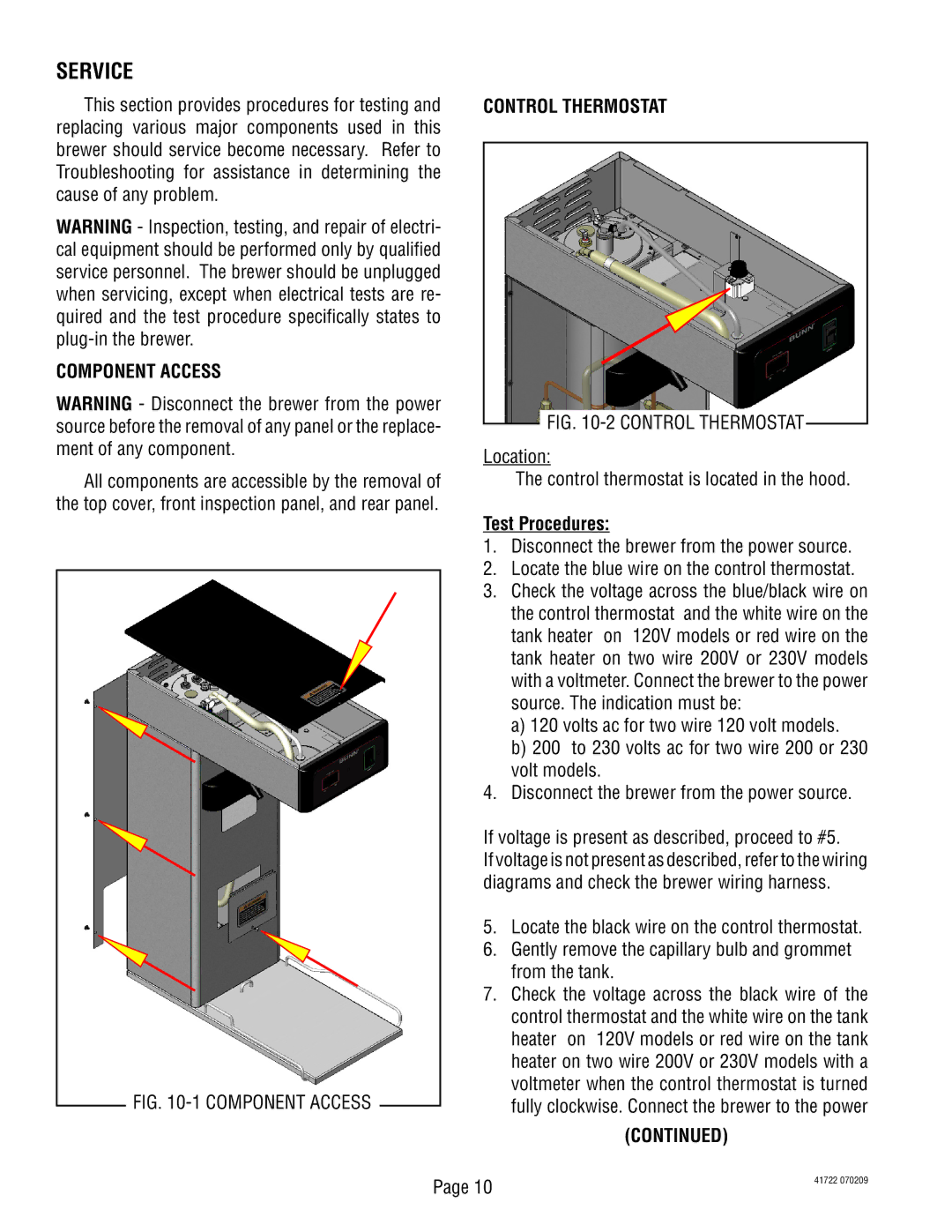 Bunn TB6Q manual Component Access, Control Thermostat, Location Control thermostat is located in the hood 