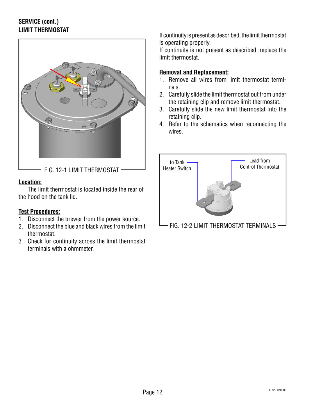 Bunn TB6Q manual Limit Thermostat, Remove all wires from limit thermostat termi- nals 