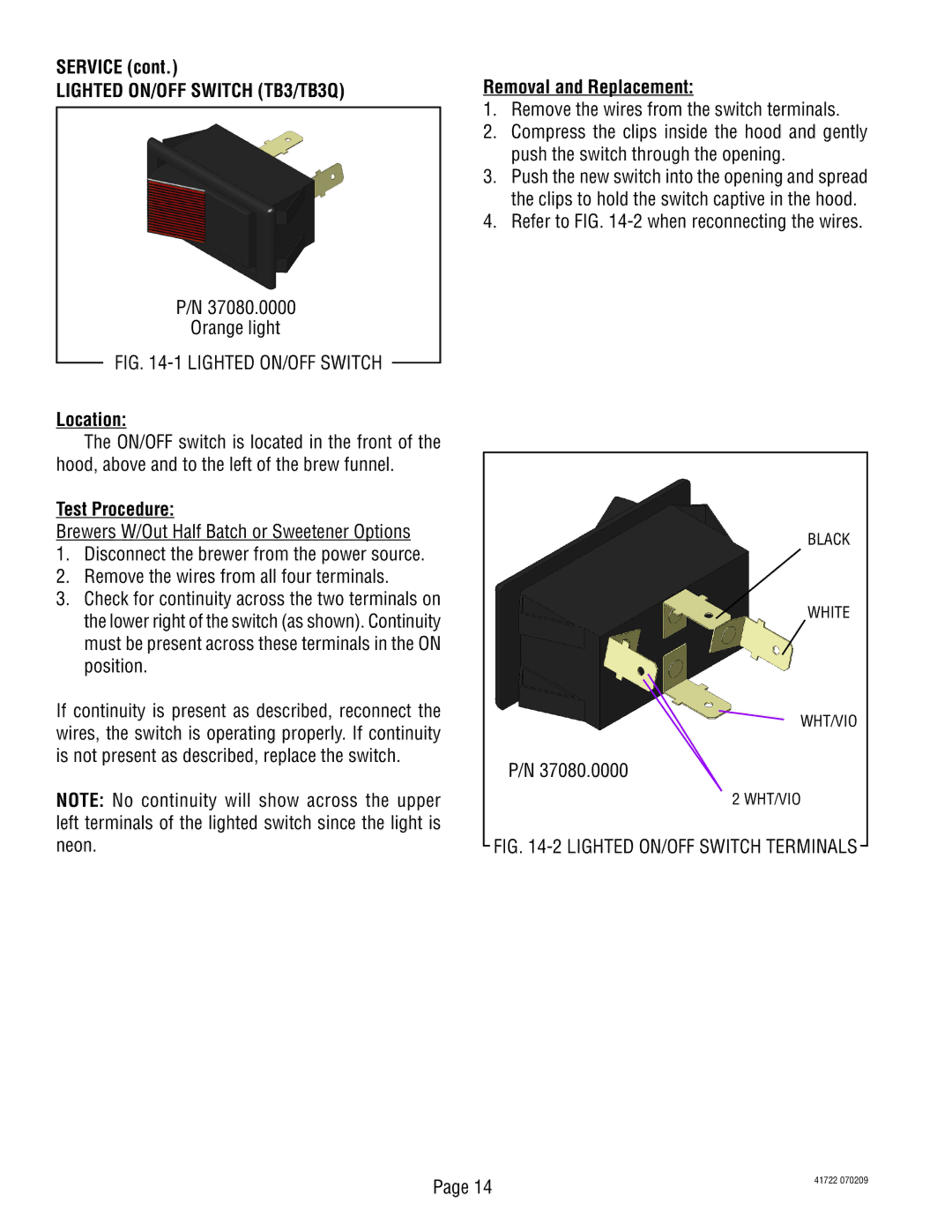 Bunn TB6Q manual Lighted ON/OFF Switch TB3/TB3Q, Orange light, Refer to -2 when reconnecting the wires 