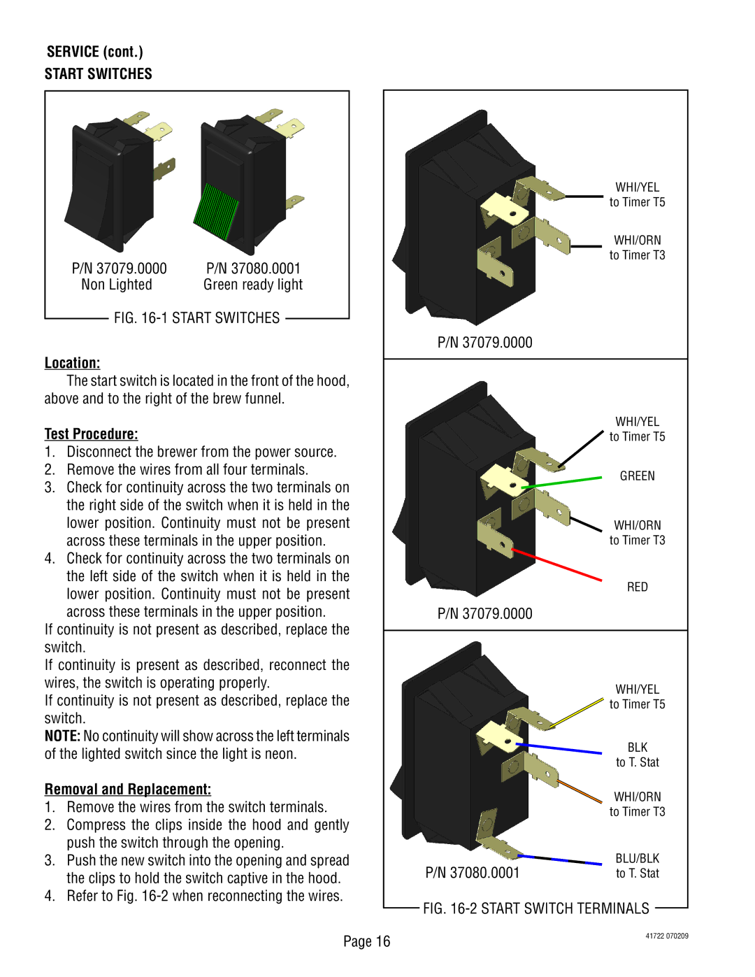 Bunn TB6Q manual Start Switches, 37080.0001to T. Stat 