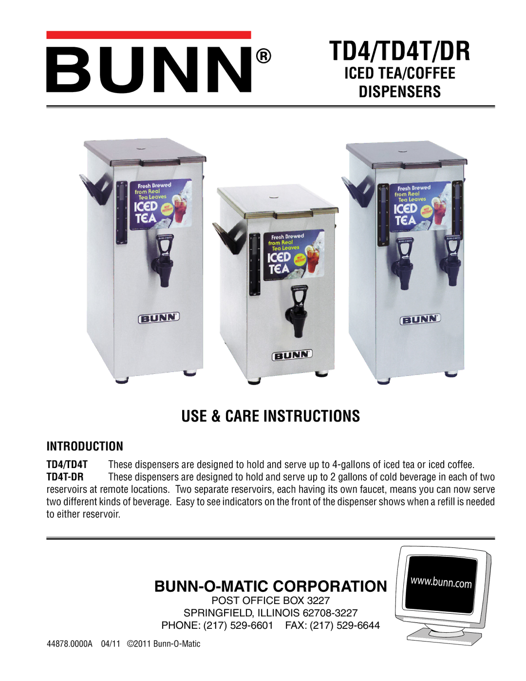 Bunn TD4T-DR manual TD4/TD4T/DR, Introduction 