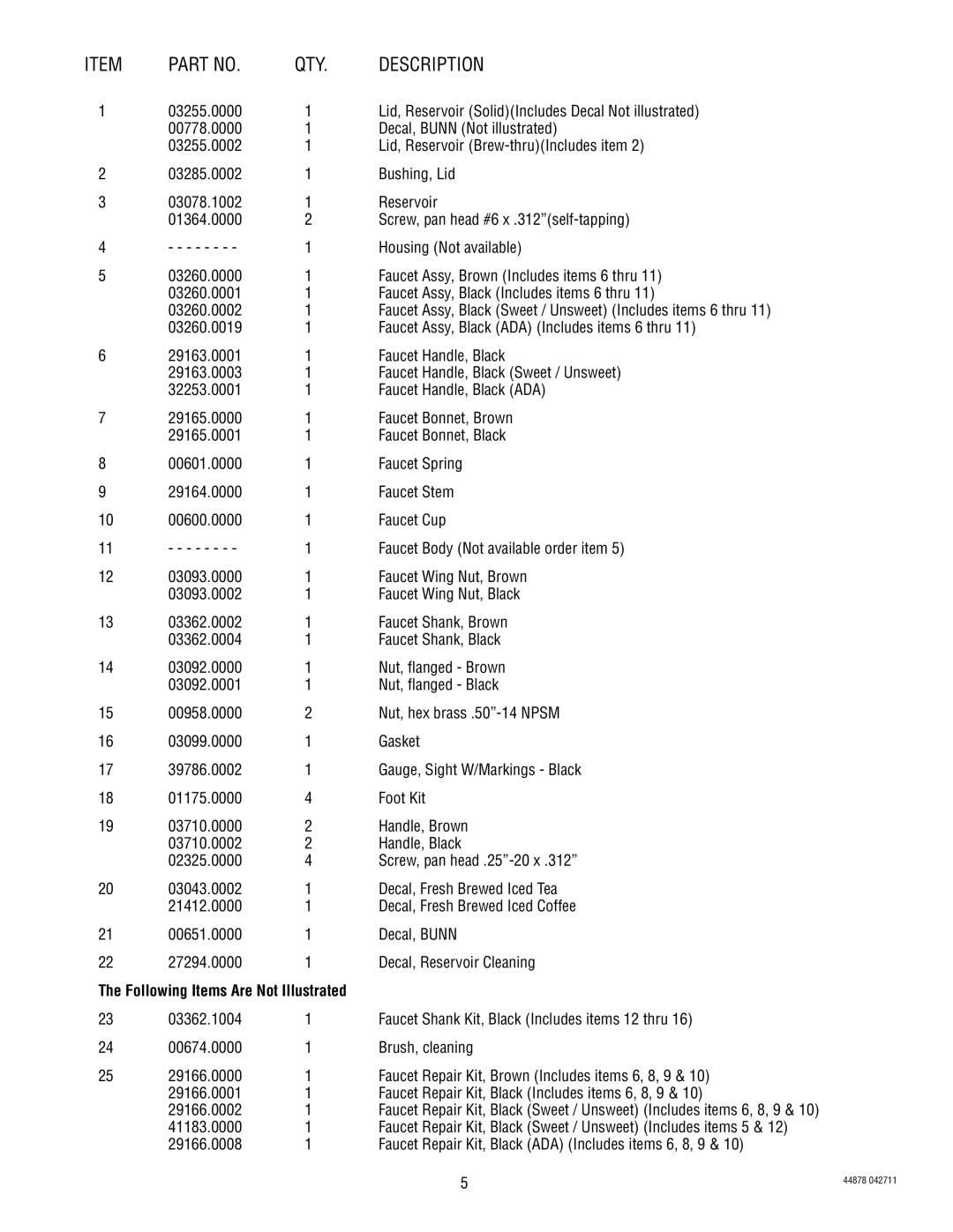 Bunn TD4T-DR manual QTY Description 