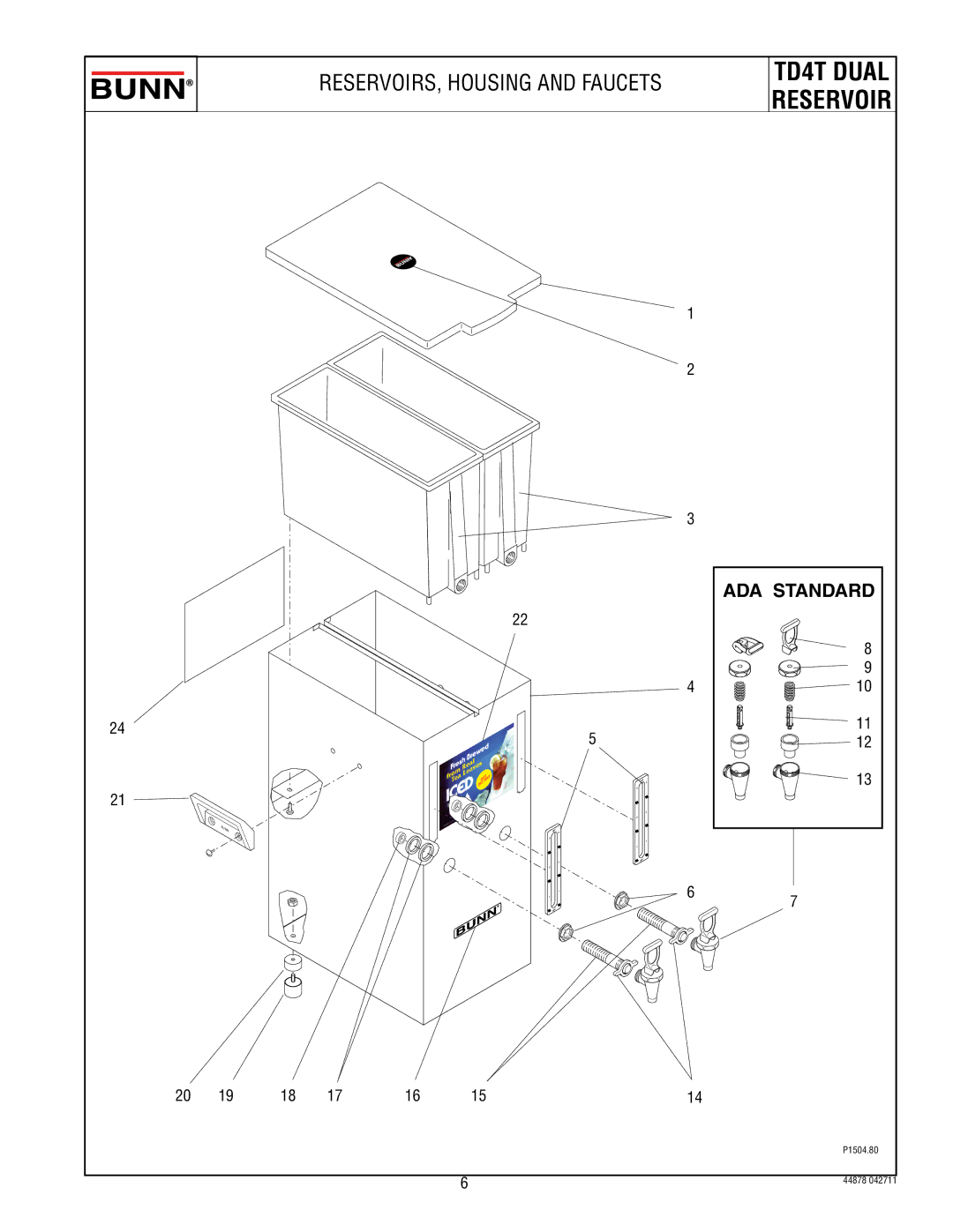 Bunn TD4T-DR manual Reservoir, ADA Standard 