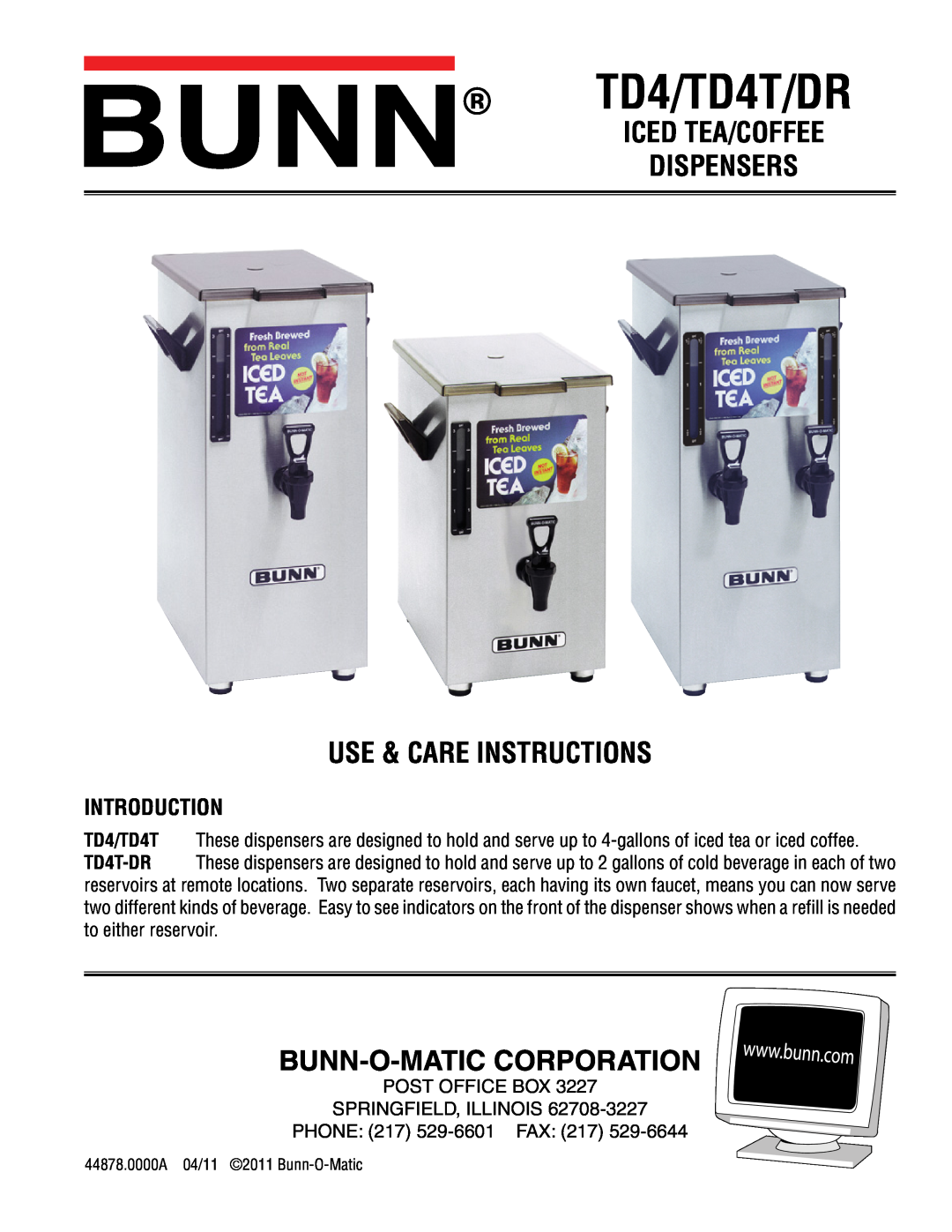Bunn TD4T-DR manual Introduction, TD4/TD4T/DR, Iced Tea/Coffee Dispensers Use & Care Instructions 