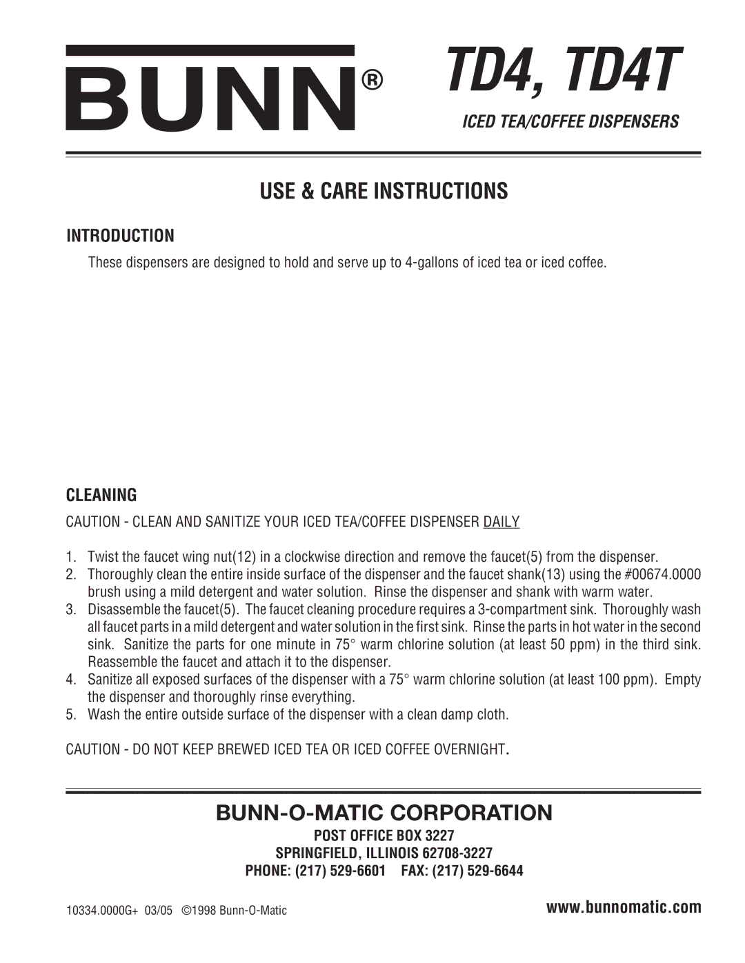 Bunn TD4T manual USE & Care Instructions, BUNN-O-MATIC Corporation 