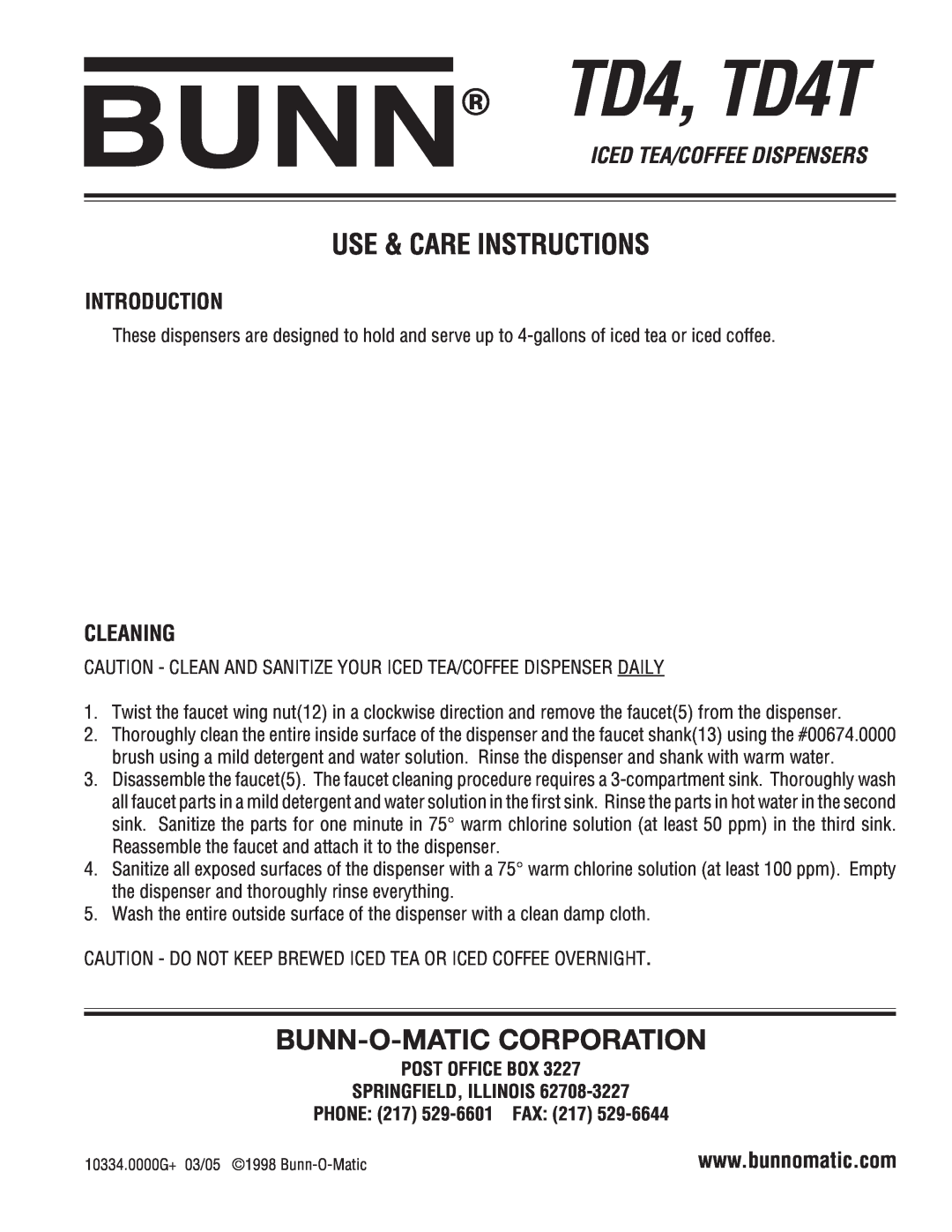 Bunn manual Use & Care Instructions, Bunn-O-Maticcorporation, Post Office Box Springfield, Illinois, Fax, TD4, TD4T 