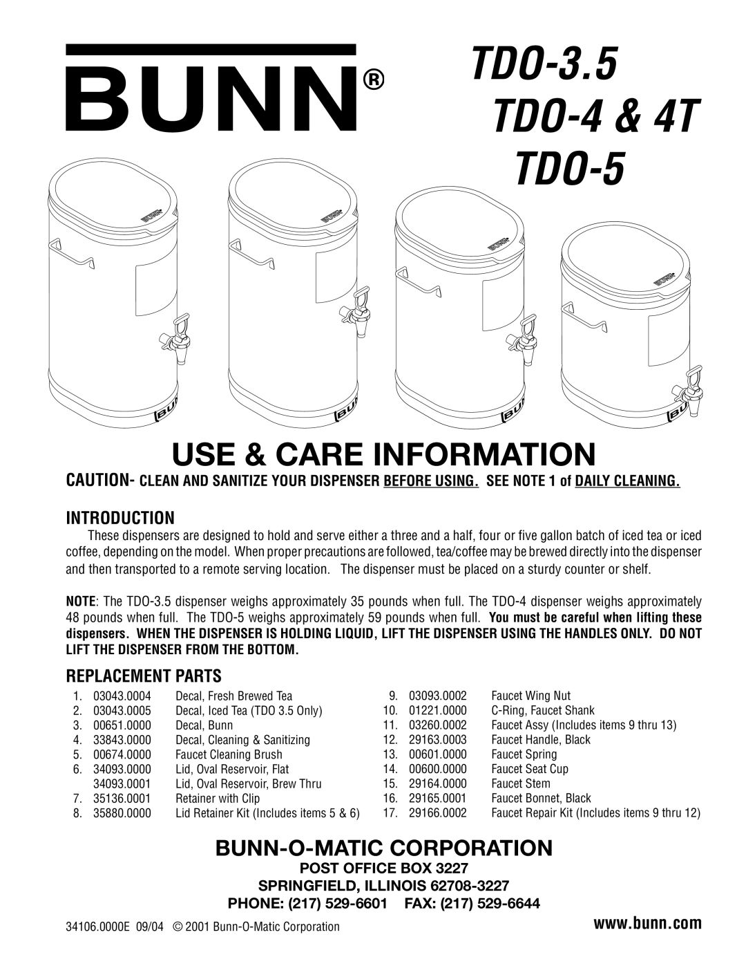 Bunn TDO-3.5, TDO-4 manual TDO-5, USE & Care Information, BUNN-O-MATIC Corporation, Introduction, Replacement Parts 