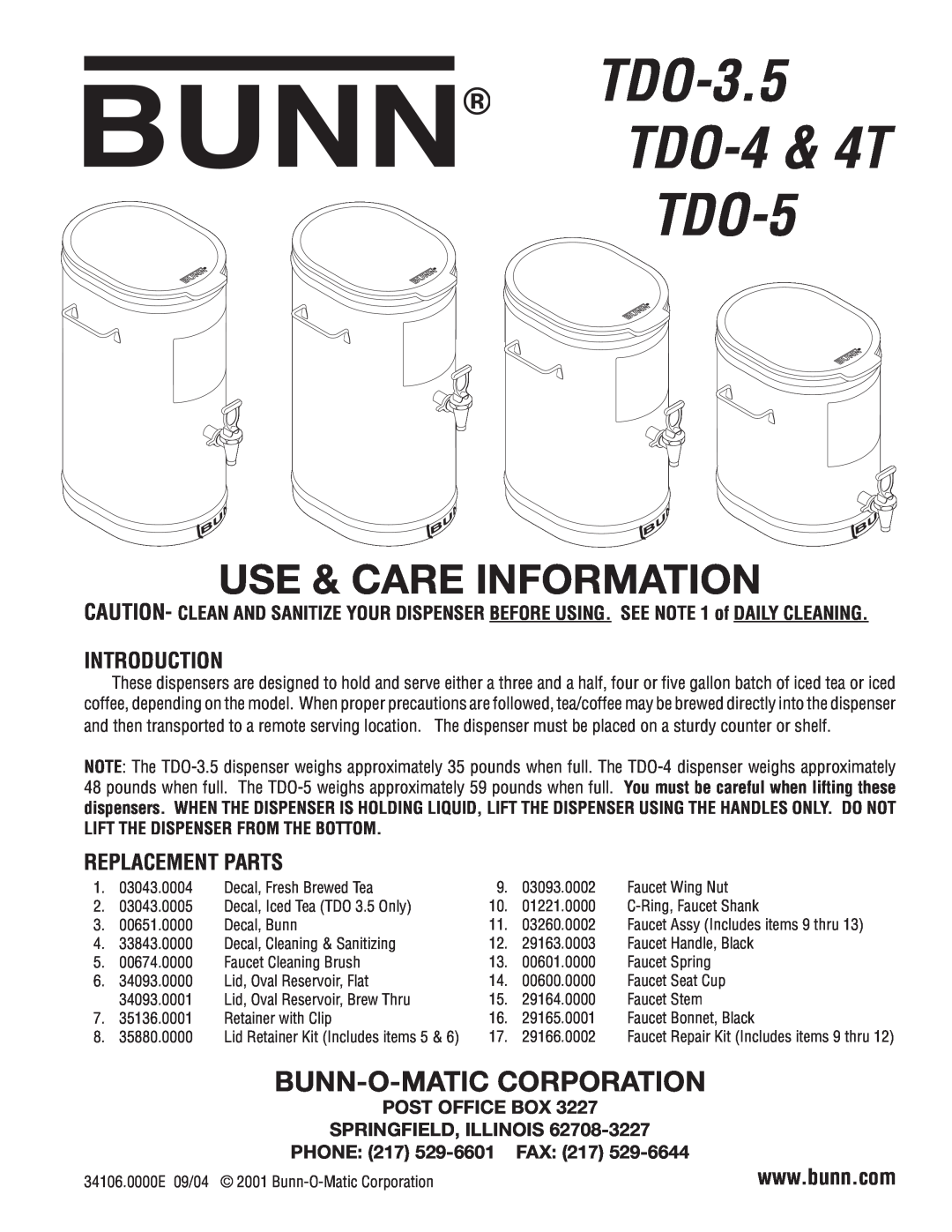 Bunn manual Introduction, Replacement Parts, TDO-3.5 TDO-4& 4T TDO-5, Use & Care Information, Bunn-O-Maticcorporation 