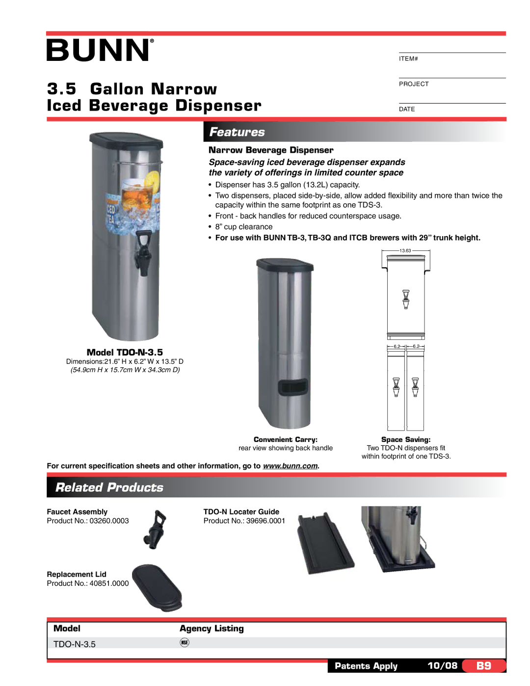 Bunn TDO-N-3.5 specifications Gallon Narrow Iced Beverage Dispenser, Features, Related Products 