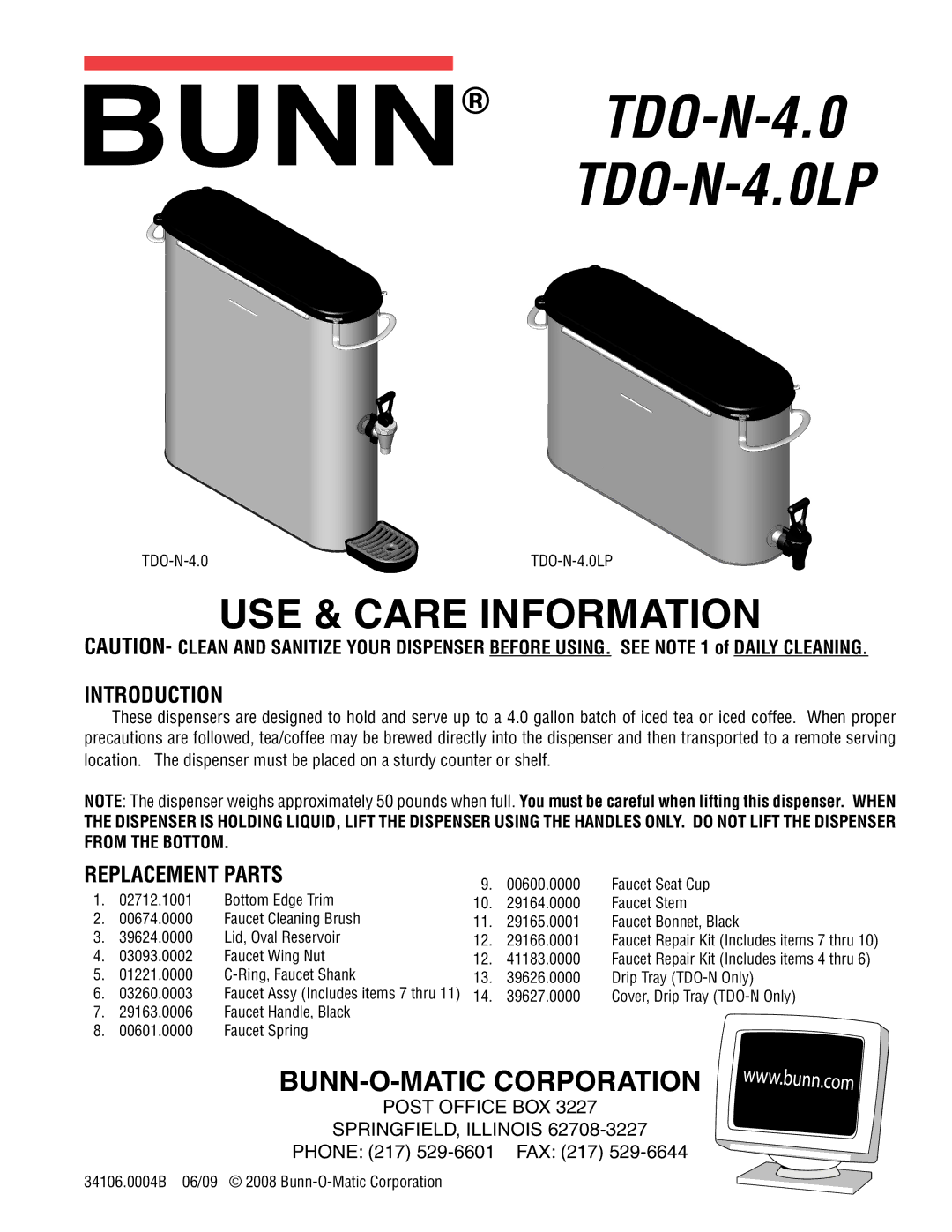 Bunn manual TDO-N-4.0LP, USE & Care Information, BUNN-O-MATIC Corporation, Introduction, Replacement Parts 