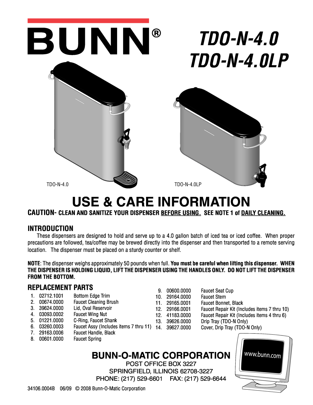 Bunn manual Introduction, Replacement Parts, TDO-N-4.0 TDO-N-4.0LP, Use & Care Information, Bunn-O-Maticcorporation 