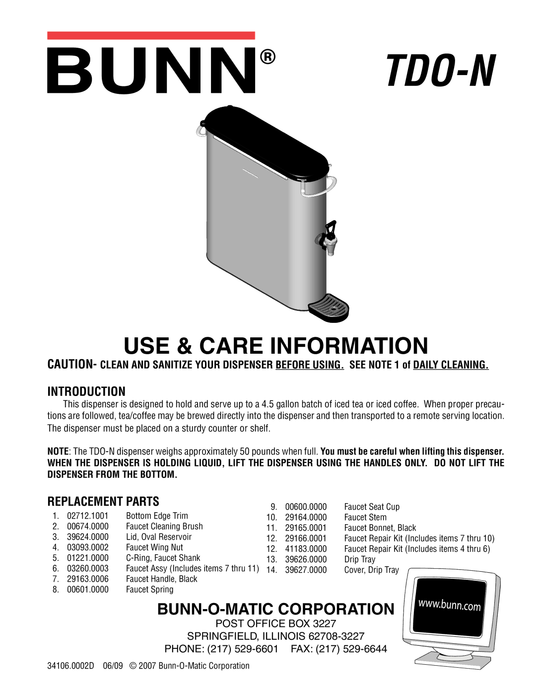 Bunn TDO-N manual Tdo-N, USE & Care Information, BUNN-O-MATIC Corporation, Introduction, Replacement Parts 