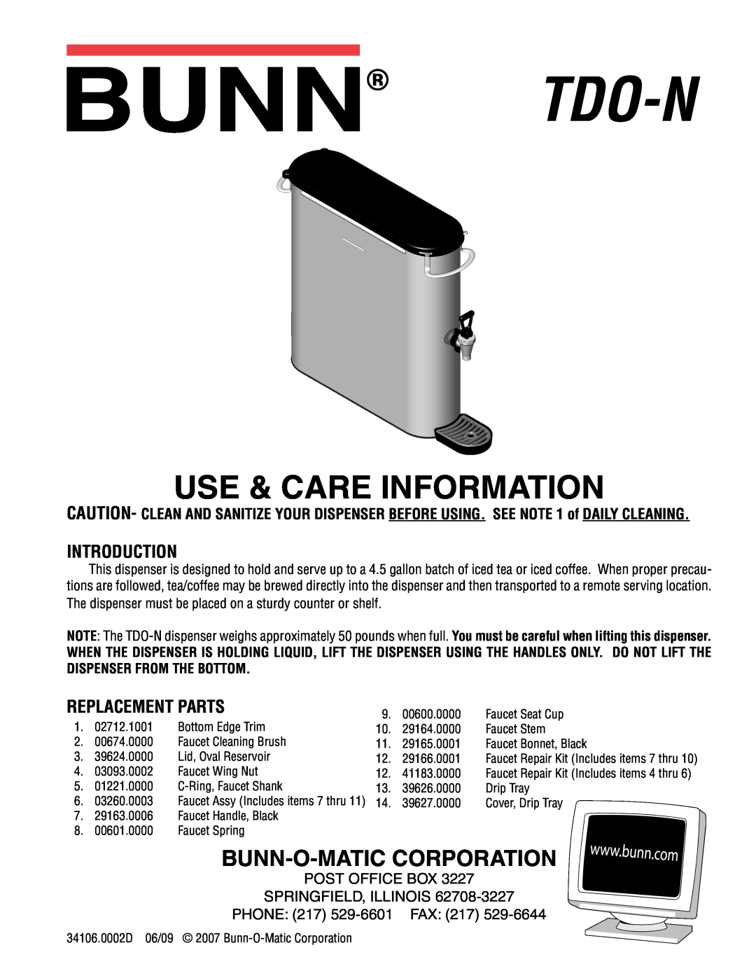 Bunn TDO-N manual Introduction, Replacement Parts, Tdo-N, Use & Care Information, Bunn-O-Maticcorporation 