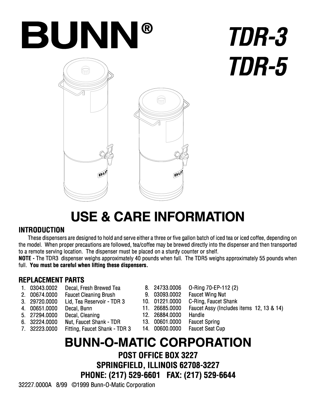 Bunn manual Introduction, Replacement Parts, BUNN TDR-3 TDR-5, Use & Care Information, Bunn-O-Maticcorporation 