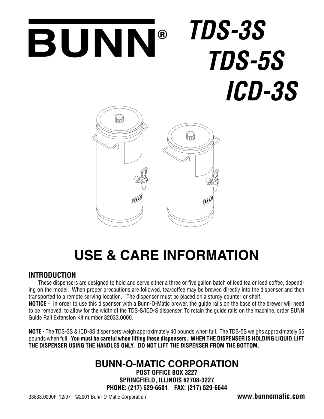 Bunn manual TDS-3S TDS-5S ICD-3S, Introduction 