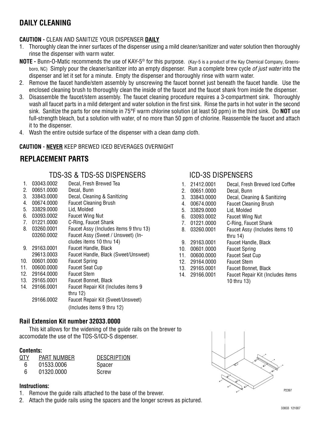 Bunn TDS-5S, ICD-3S manual Daily Cleaning, Replacement Parts 