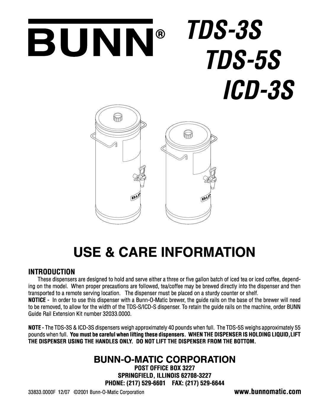 Bunn manual Introduction, Post Office Box Springfield, Illinois, PHONE 217 529-6601FAX, TDS-3S TDS-5S ICD-3S 