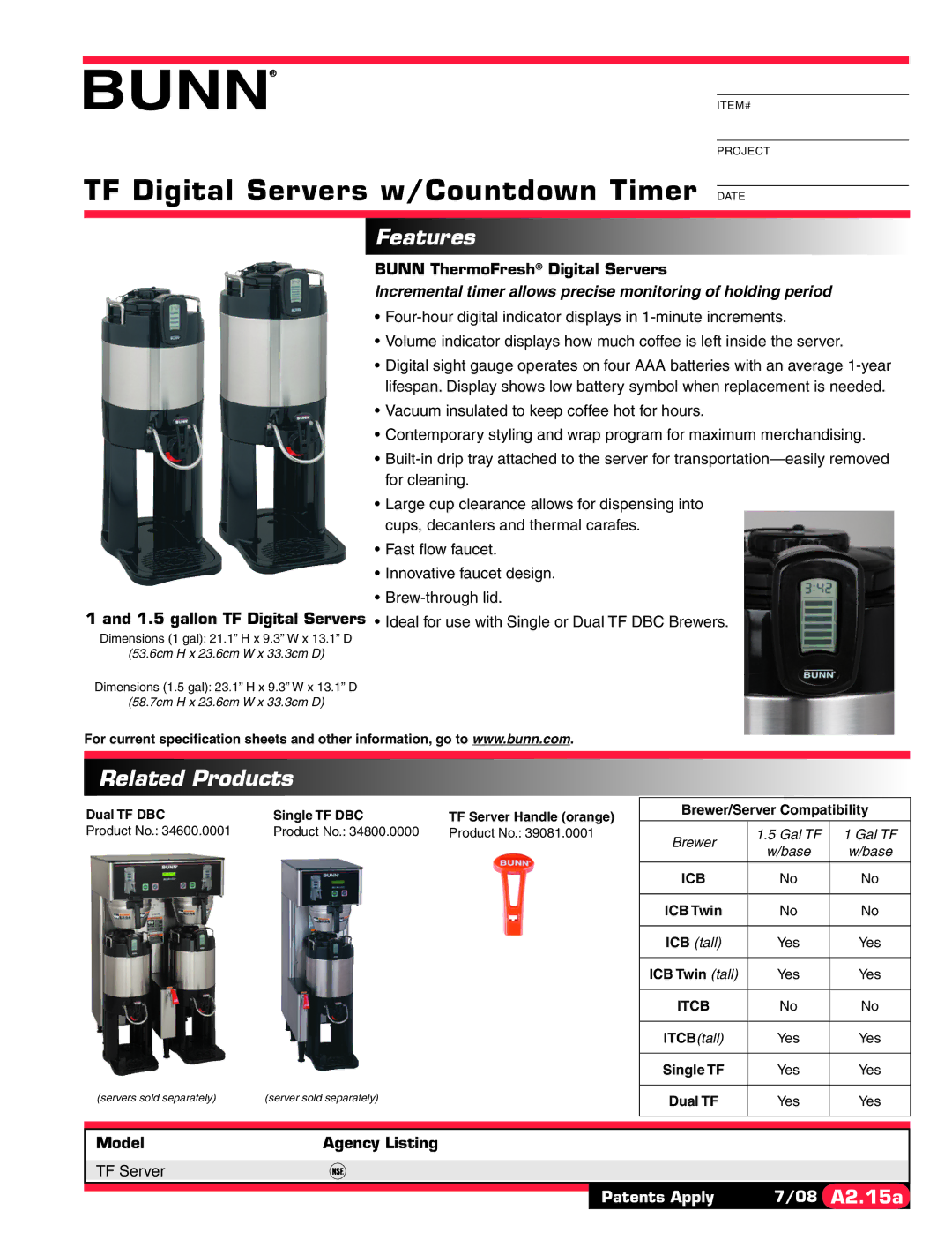 Bunn TF Server specifications TF Digital Servers w/Countdown Timer Date, Features, Related Products 