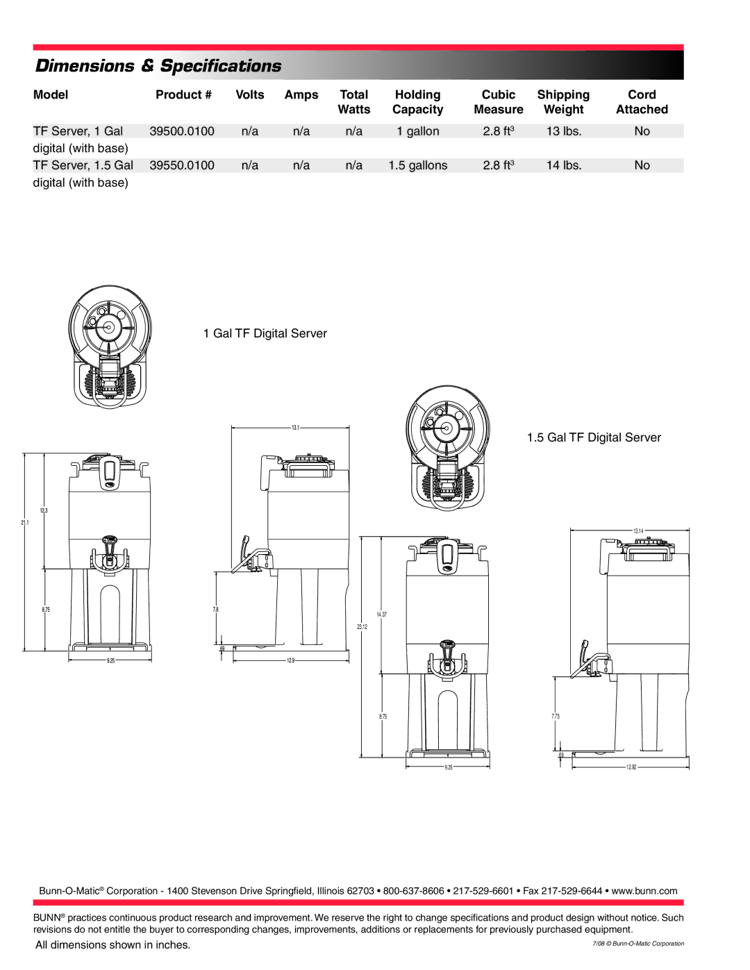 Bunn TF Server Dimensions & Specifications, Model Product # Volts Amps, Holding Cubic Shipping Cord Watts Capacity Measure 