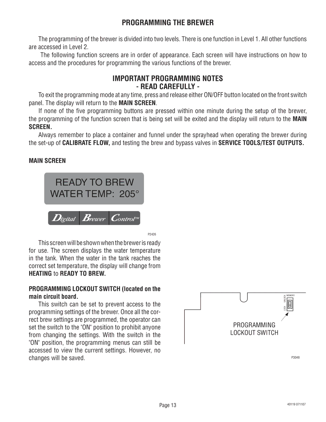 Bunn TITAN DUAL manual Programming the Brewer, Important Programming Notes Read Carefully, Main Screen 