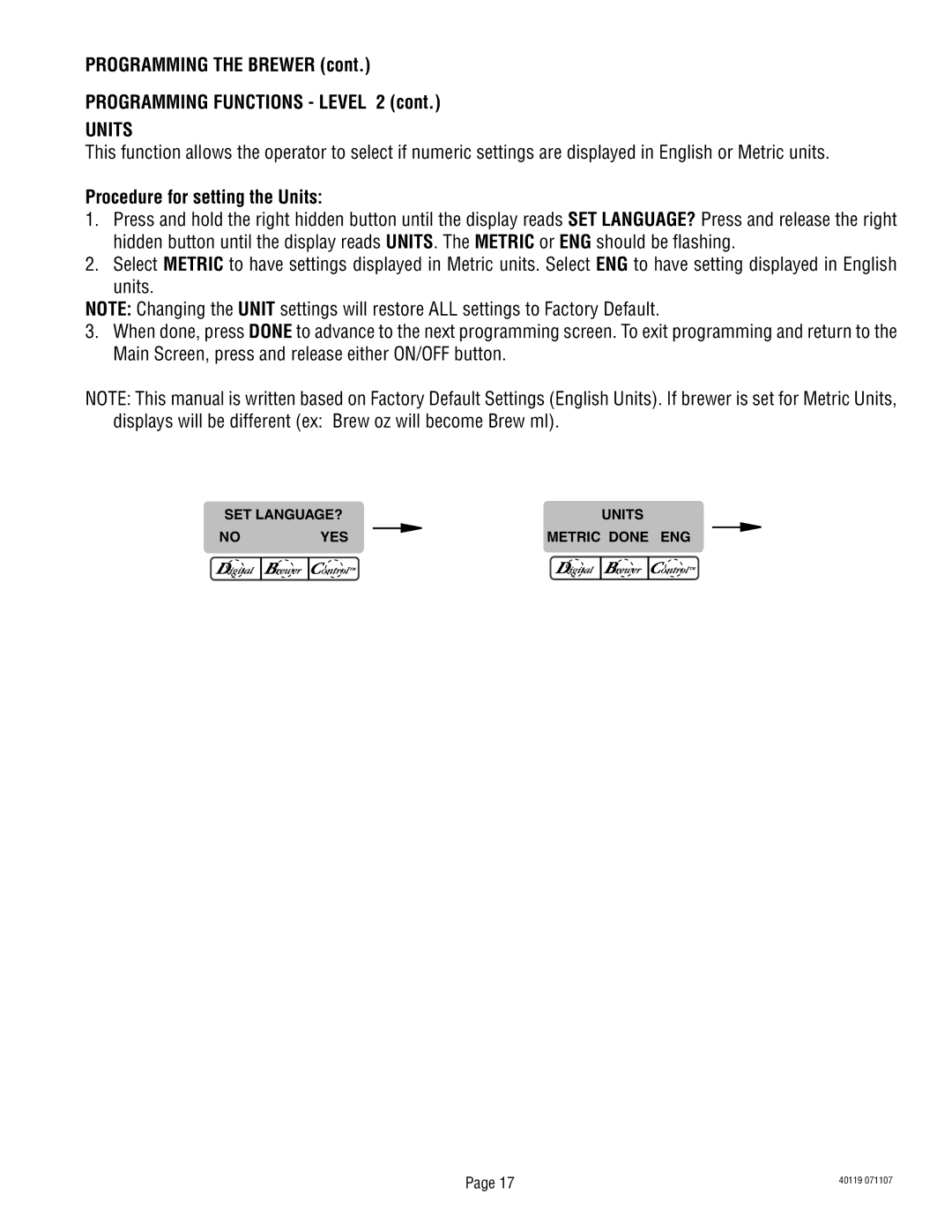 Bunn TITAN DUAL manual Procedure for setting the Units 