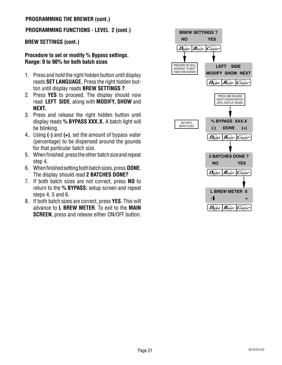 Bunn TITAN DUAL manual Ton until display reads Brew Settings ?, Press and release the right hidden button until 