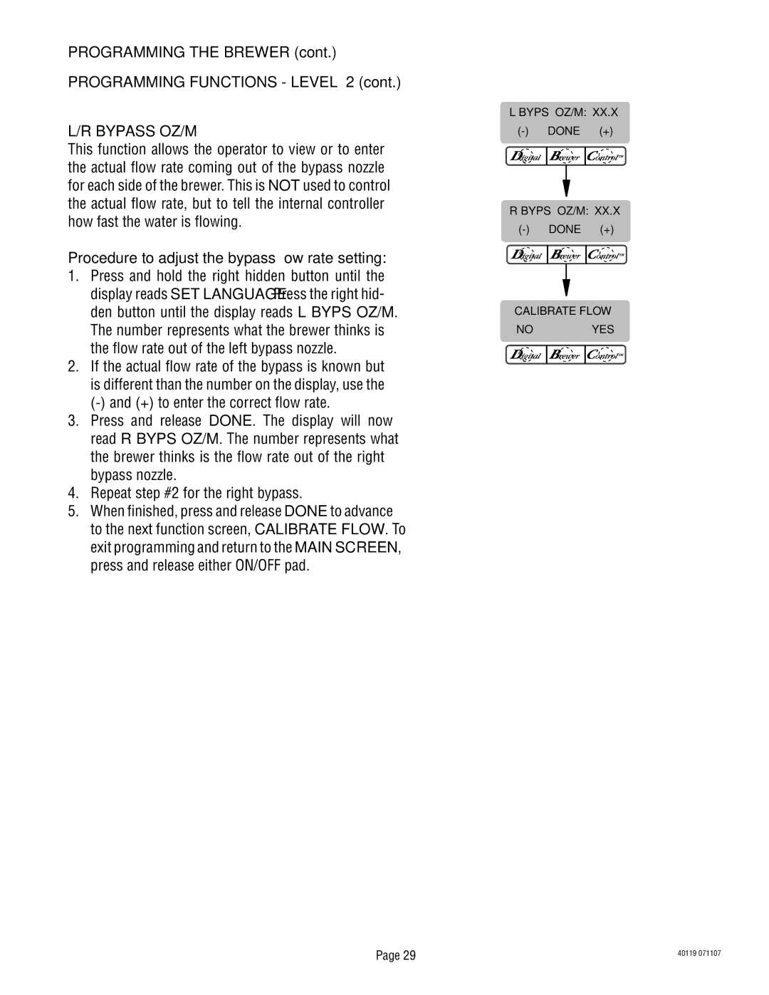 Bunn TITAN DUAL manual Bypass OZ/M, Procedure to adjust the bypass flow rate setting 