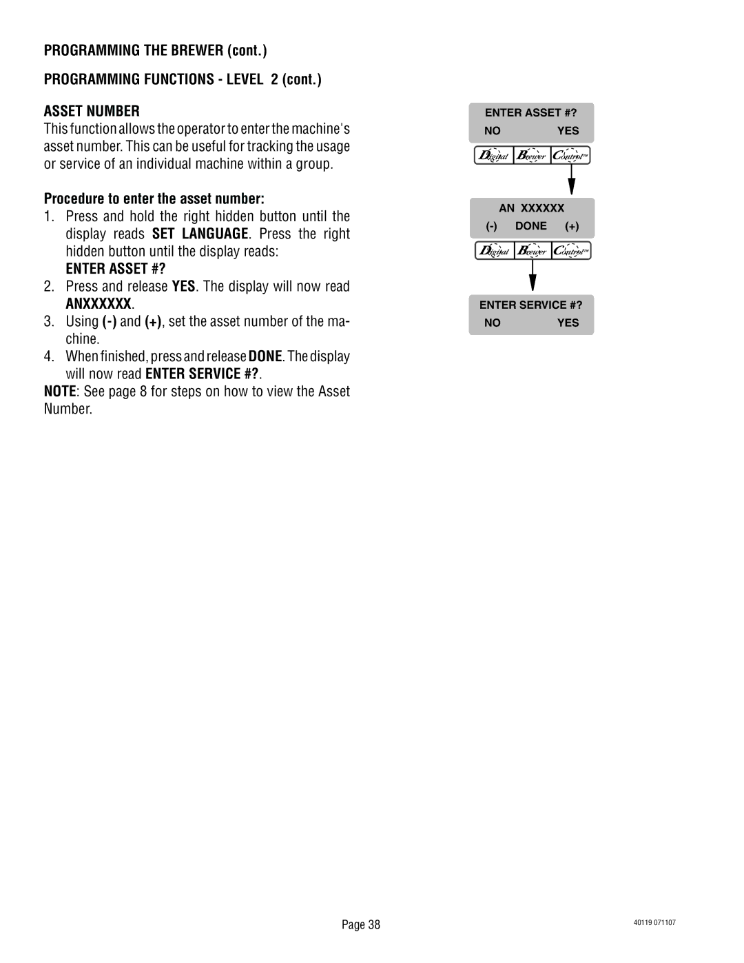 Bunn TITAN DUAL manual Asset Number, Procedure to enter the asset number, Enter Asset #?, Anxxxxxx 