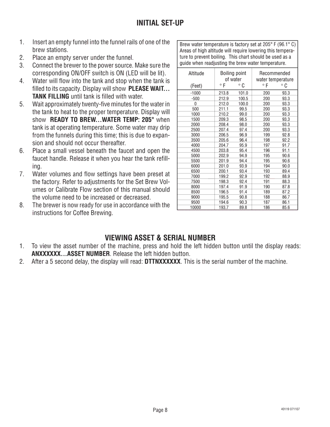 Bunn TITAN DUAL manual Initial SET-UP, Viewing Asset & Serial Number, Tank Filling until tank is filled with water 