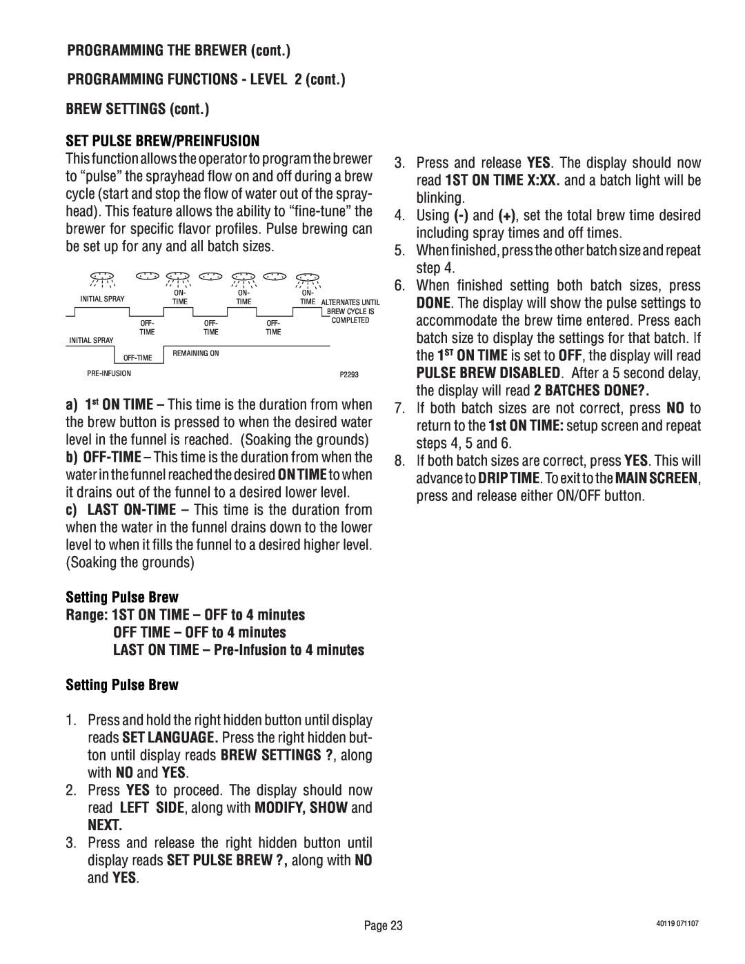 Bunn TITAN DUAL manual BREW SETTINGS cont SET PULSE BREW/PREINFUSION, Setting Pulse Brew, Next 