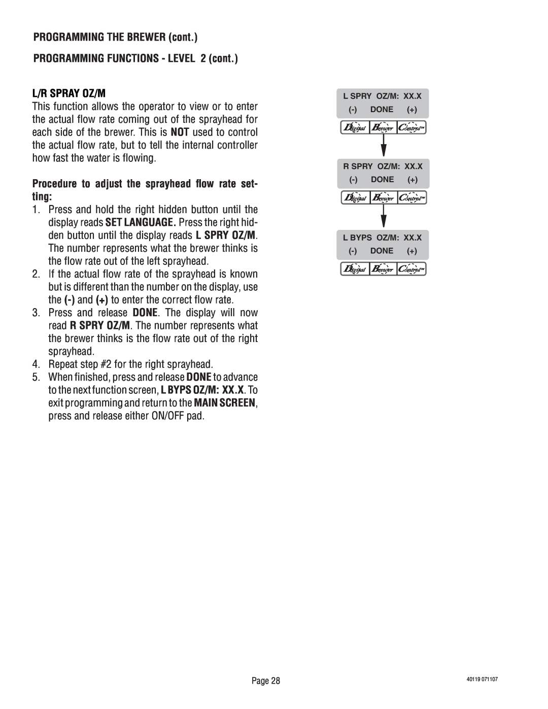 Bunn TITAN DUAL manual L/R Spray Oz/M, Procedure to adjust the sprayhead flow rate set- ting 
