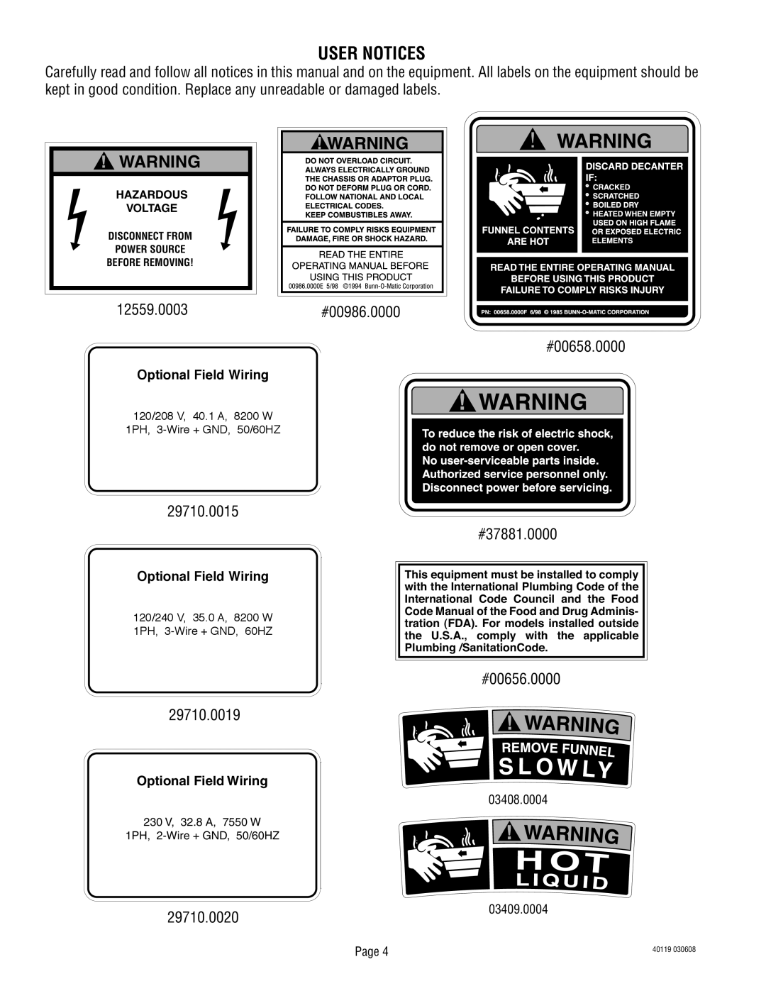 Bunn TITAN DUAL manual User Notices, #00986.0000, 29710.0020, Optional Field Wiring, Hazardous Voltage 