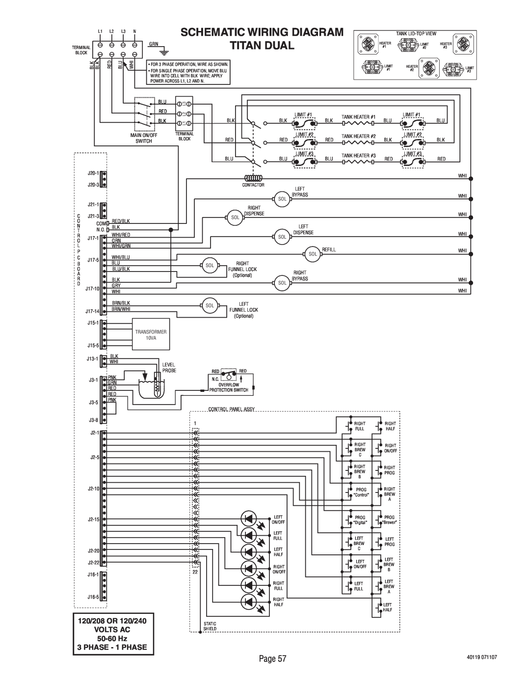 Bunn TITAN DUAL manual Schematic Wiring Diagram, Titan Dual, 120/208 OR 120/240, 50-60 Hz, PHASE - 1 PHASE, Volts Ac 