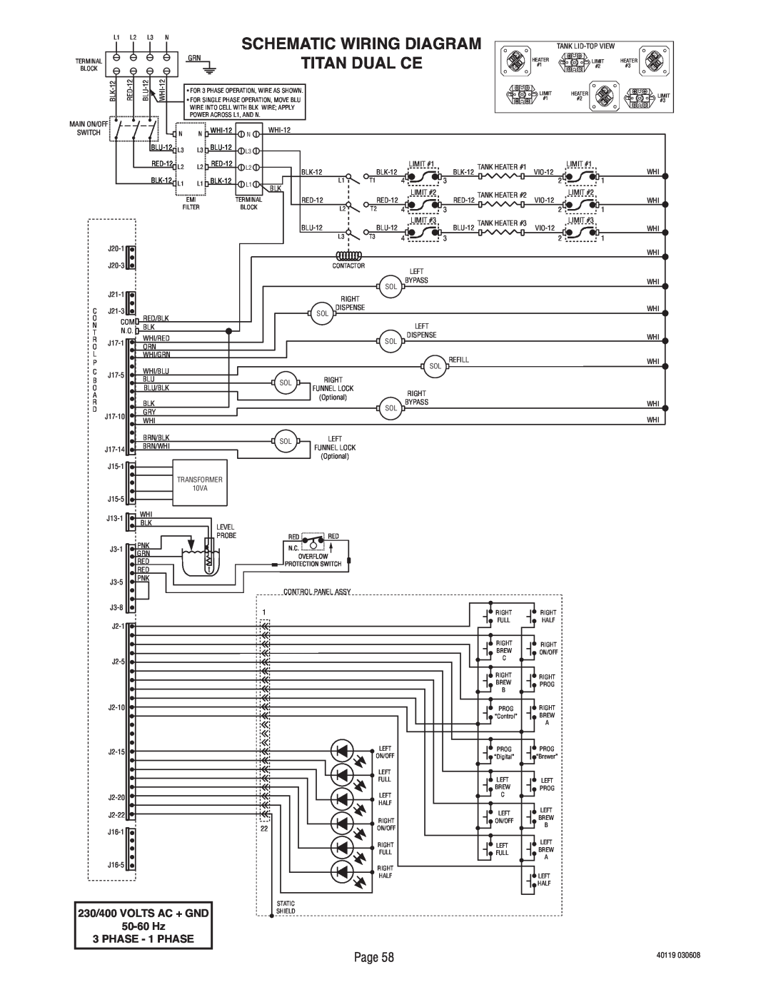 Bunn TITAN DUAL manual Titan Dual Ce, Schematic Wiring Diagram, PHASE - 1 PHASE, 230/400 VOLTS AC + GND, 50-60 Hz 