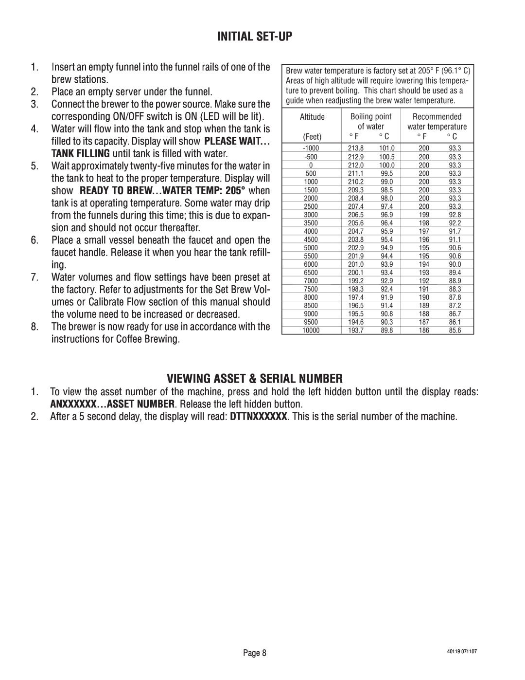 Bunn TITAN DUAL manual Initial Set-Up, Viewing Asset & Serial Number 