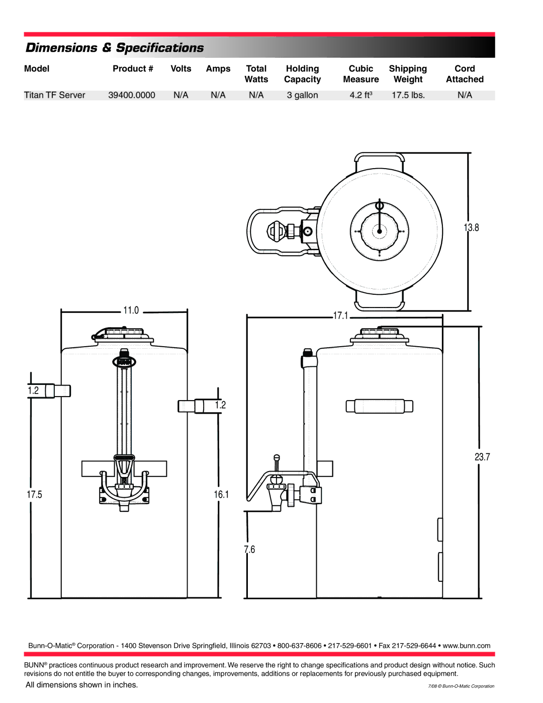 Bunn Titan TF Server specifications Dimensions & Specifications, 13.8 17.5, 17.1, 23.7 16.1 