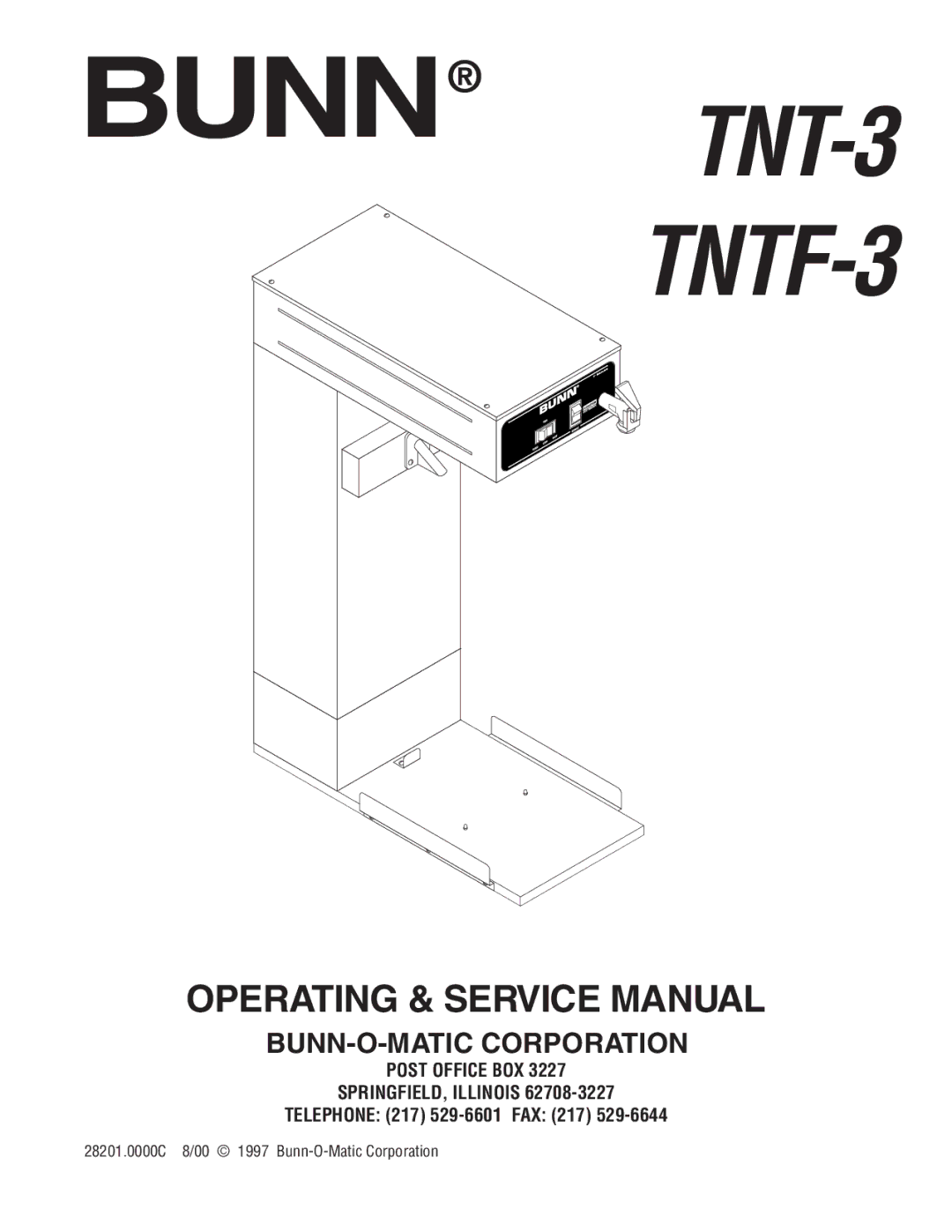 Bunn TNT-3, TNTF-3 manual Post Office BOX SPRINGFIELD, Illinois, Telephone 217 529-6601 FAX 217 