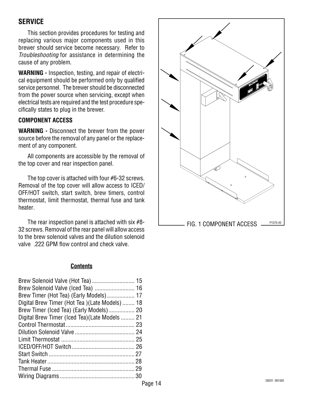 Bunn TNTF-3, TNT-3 manual Service, Component Access, Contents 