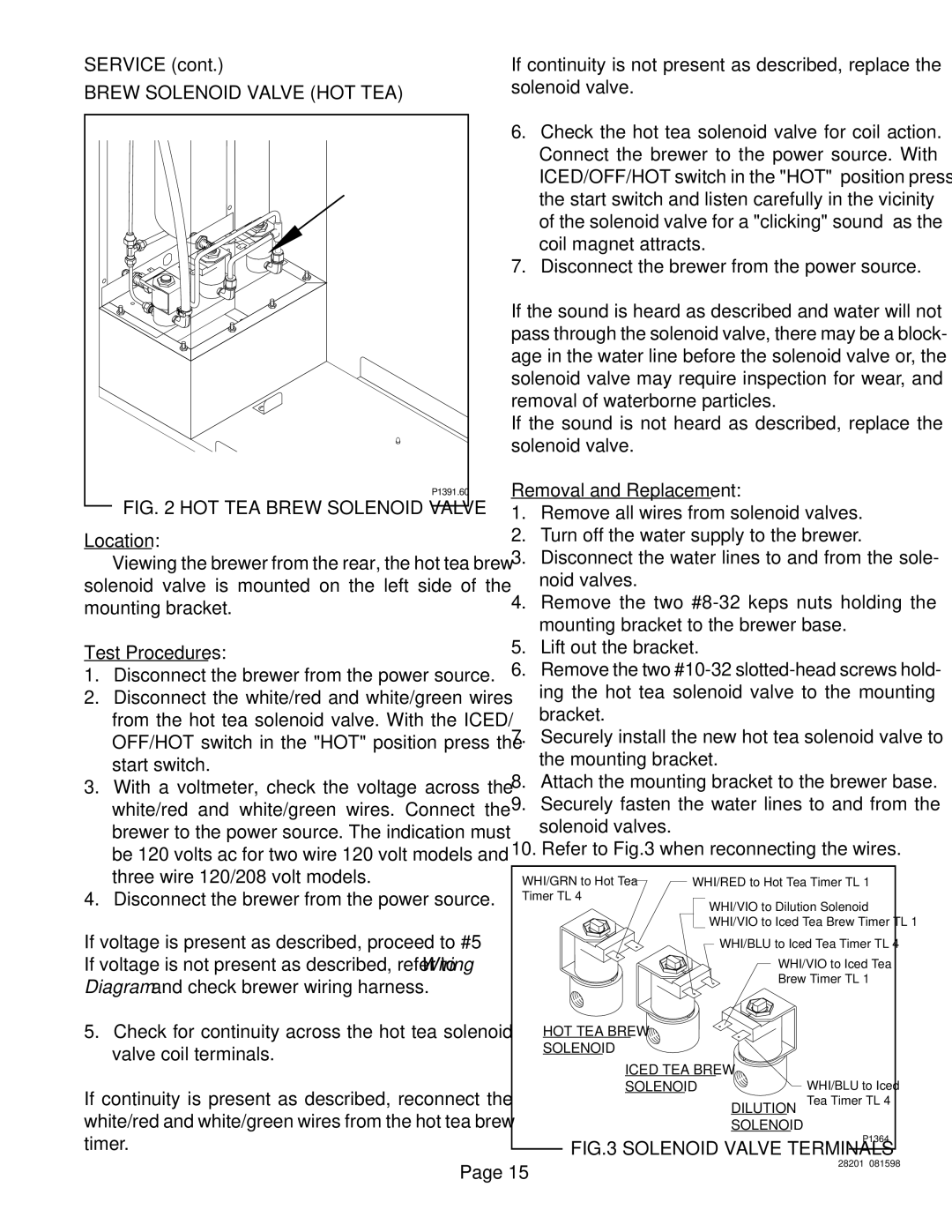 Bunn TNT-3, TNTF-3 manual Service, Brew Solenoid Valve HOT TEA, Solenoid valve 